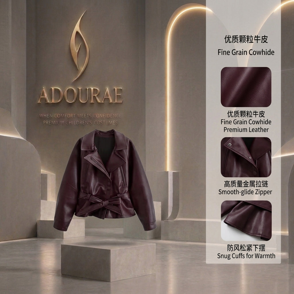 Women’s Black Faux Leather Trench Coat with Belt – Vintage Motorcycle Jacket | ADOURAE