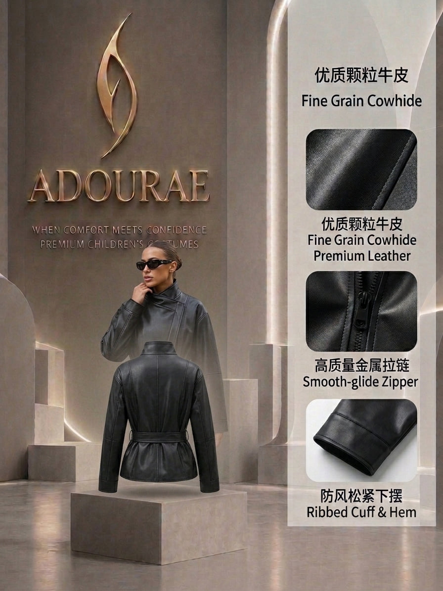 Women’s Black Faux Leather Trench Coat with Belt – Vintage Motorcycle Jacket | ADOURAE