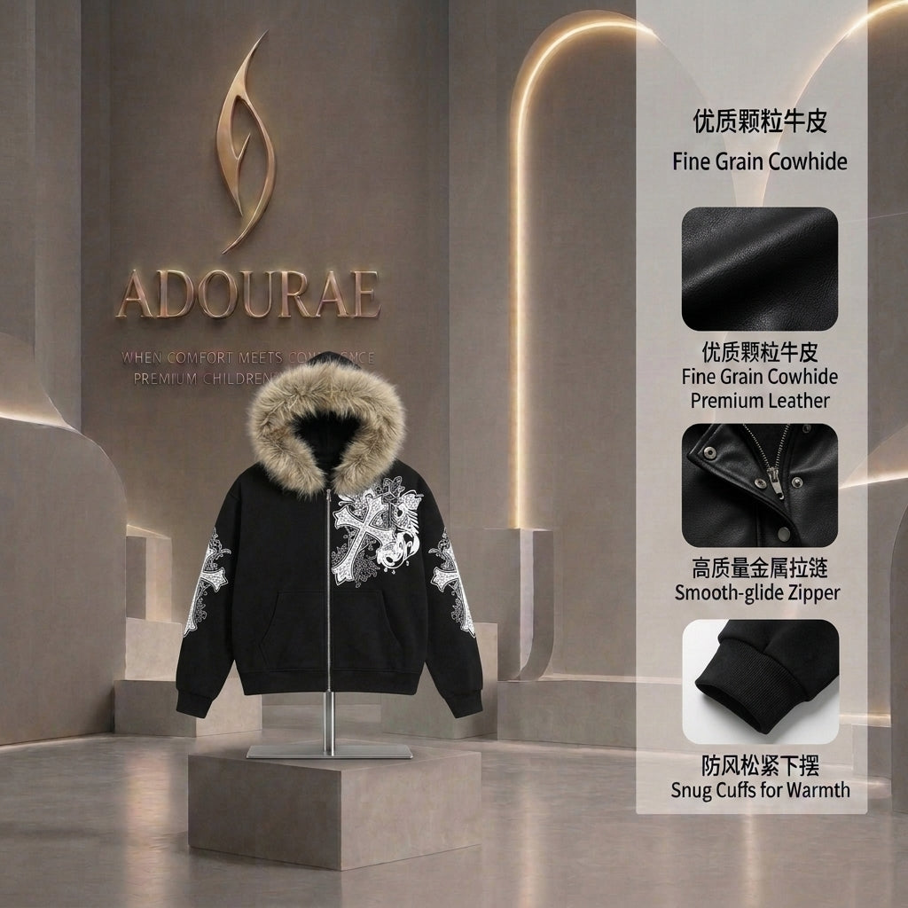 Women’s Faux Fur Collar Hoodie – Y2K Gothic Harajuku Zip-Up Sweatshirt | ADOURAE