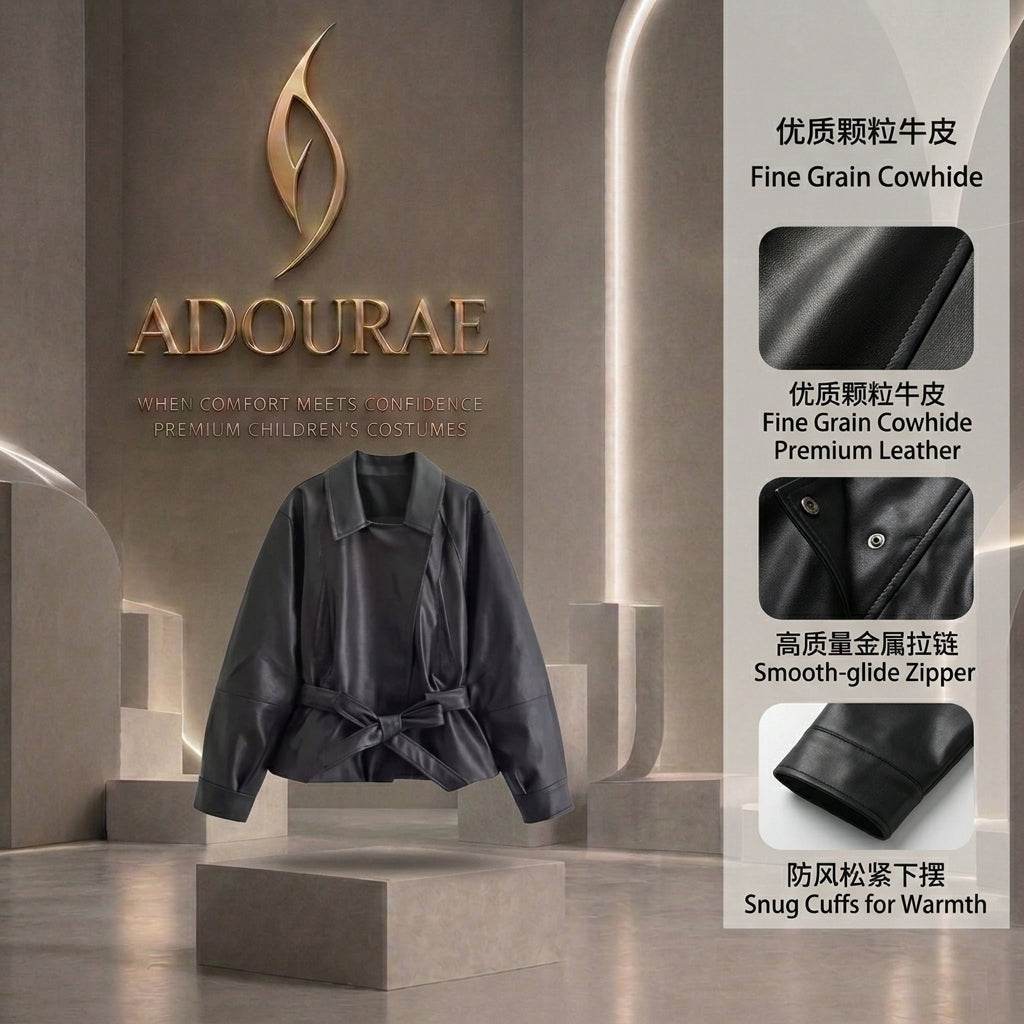 Women’s Black Faux Leather Trench Coat with Belt – Vintage Motorcycle Jacket | ADOURAE