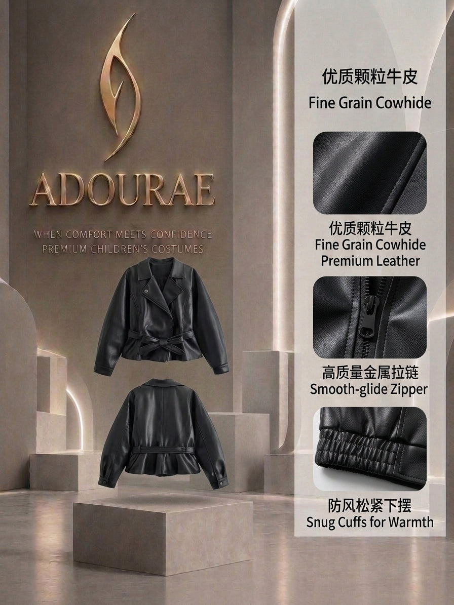 Women’s Black Faux Leather Trench Coat with Belt – Vintage Motorcycle Jacket | ADOURAE